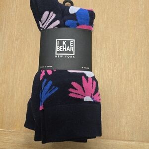 Ike Behar Women's Black Socks with Pink and Blue Floral Design